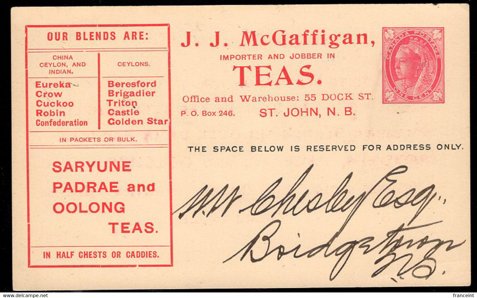 CANADA(1907) Teas. Postal Card With Printed Ad On Front And Printed Message On Back For J.J. McGaffin Teas. - 1903-1954 Rois