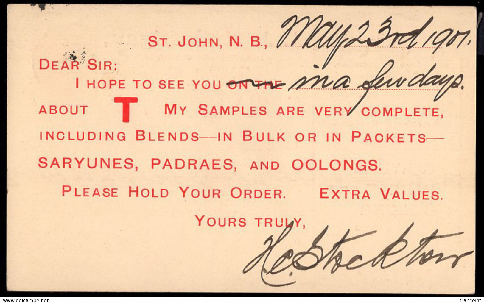 CANADA(1907) Teas. Postal Card With Printed Ad On Front And Printed Message On Back For J.J. McGaffin Teas. - 1903-1954 De Koningen