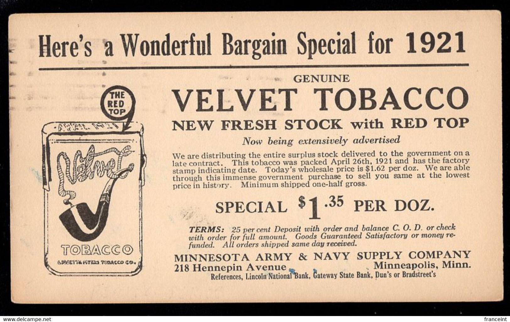 U.S.A.(1921) Pipe. Package Of Tobacco. Postal Card With Illustrated Ad For Velvet Tobacco. - 1921-40