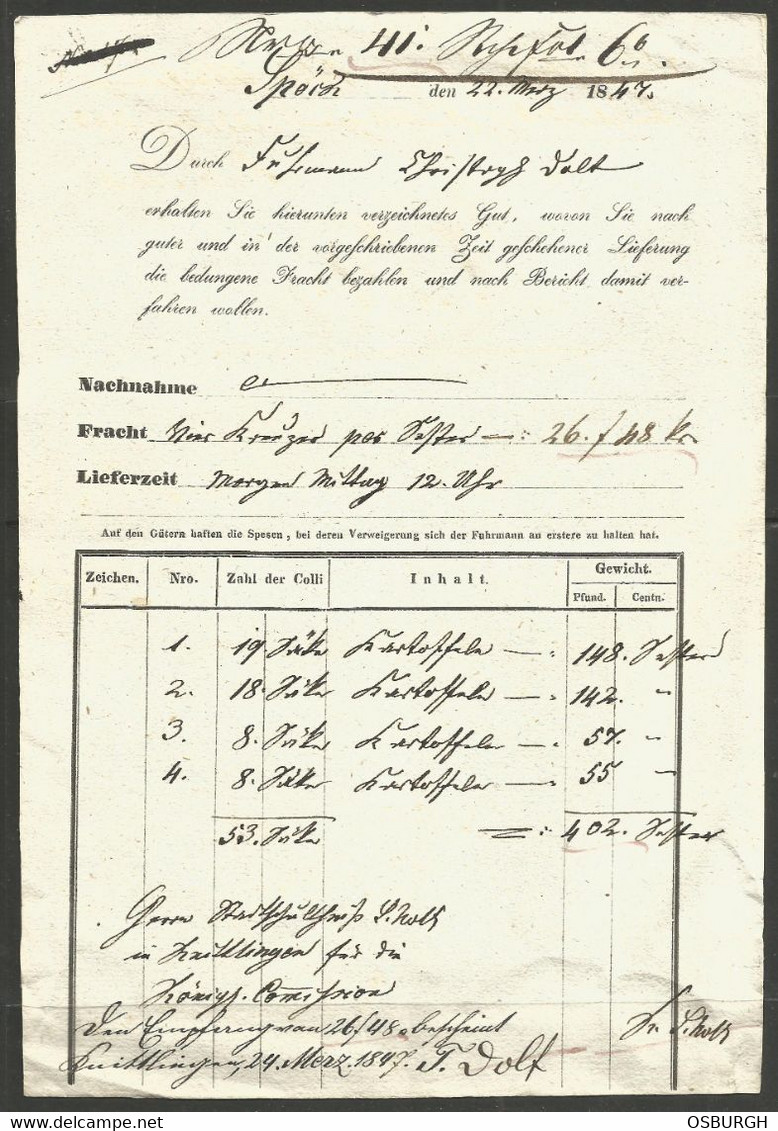 GERMANY. 1847. FREIGHT DELIVERY DOCUMENT. - 1800 – 1899