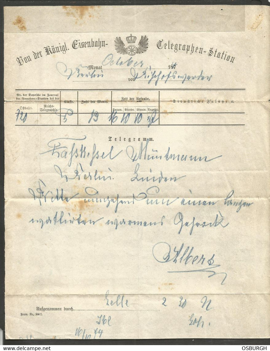GERMANY. 1874. KONIGL. EISENBAHN - RAILWAY TELEGRAPH FORM. USED - 1800 – 1899