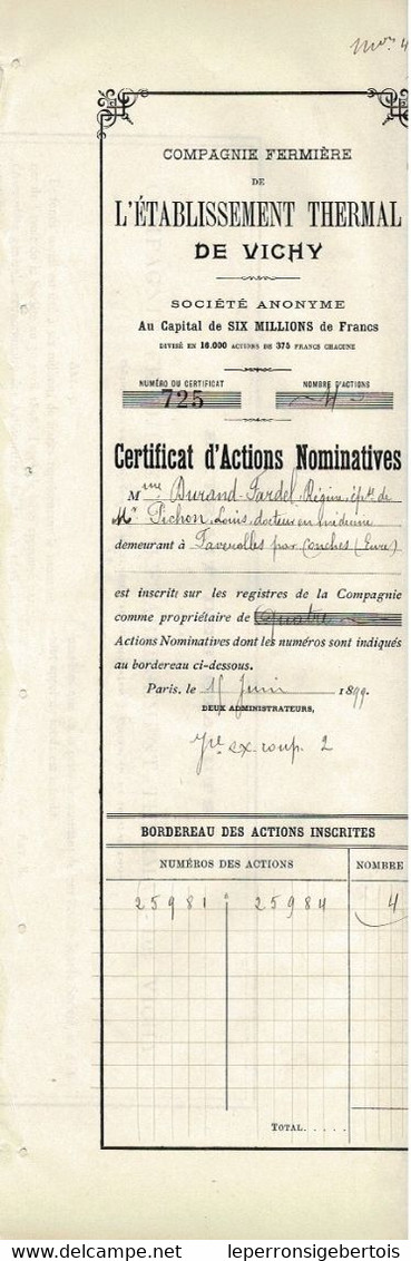 Titre De 1899 - Compagnie Fermière De L'Etablissement Thermal De Vichy - Propriété De L'Etat - Déco**- - Eau