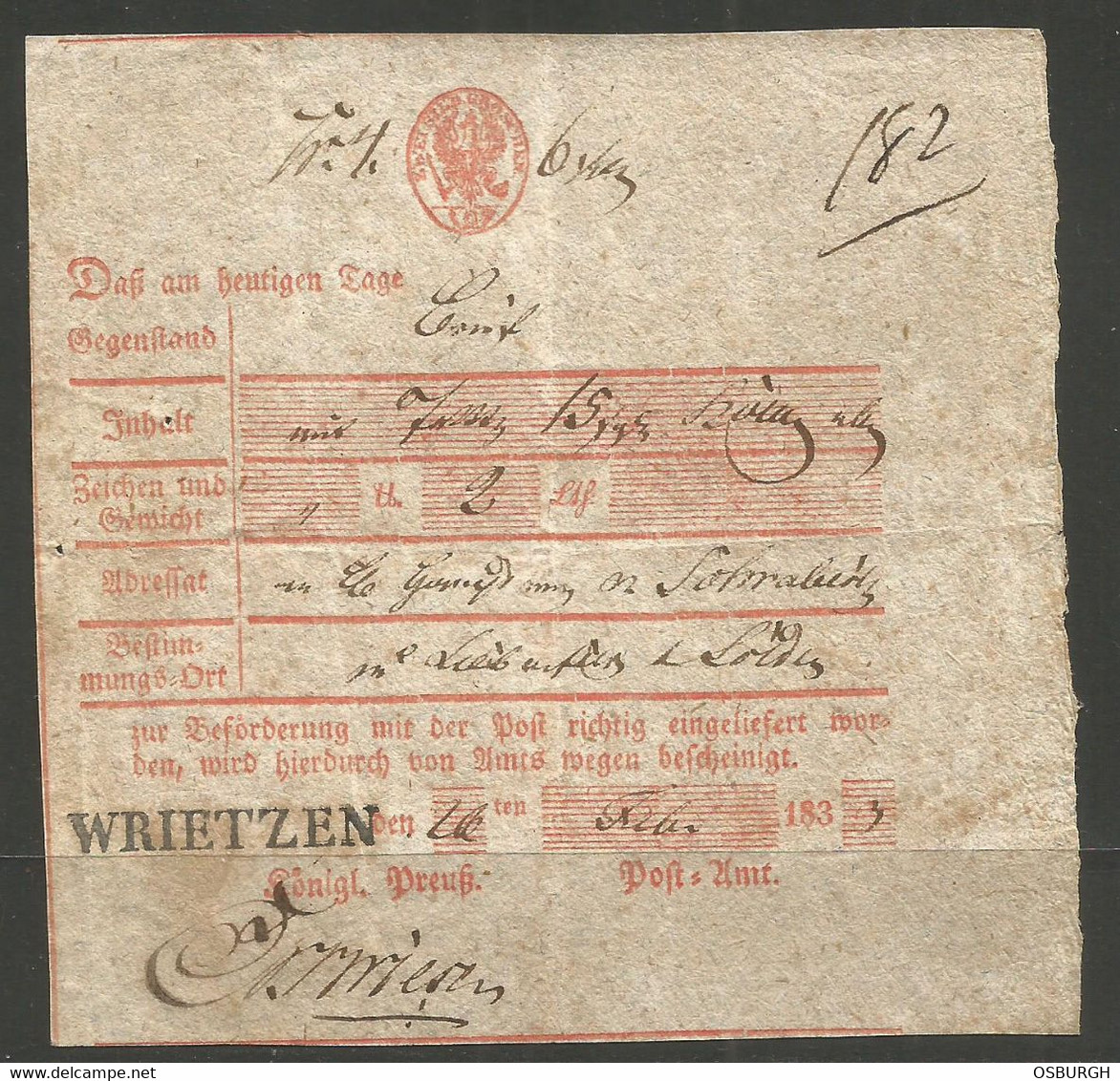 GERMANY / PRUSSIA. 1833. WRIETZEN CANCEL ON POSTAL RECEIPT. USED. - 1800 – 1899