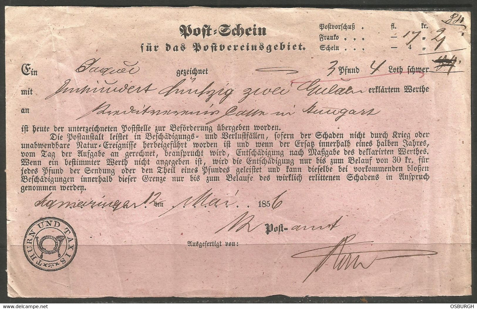 GERMANY / THURN & TAXIS. 1856. PINK POSTAL CERTIFICATE FOR THE POSTAL UNION AREA. - 1800 – 1899