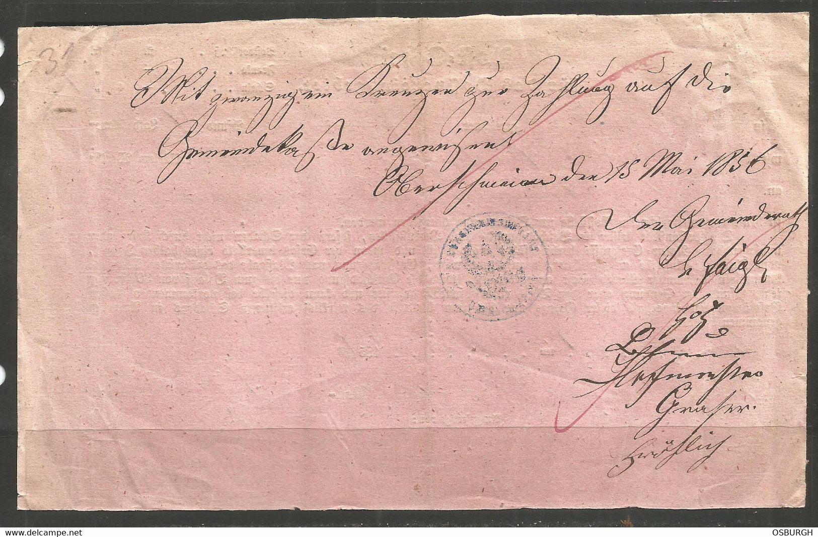 GERMANY / THURN & TAXIS. 1856. PINK POSTAL CERTIFICATE FOR THE POSTAL UNION AREA. - 1800 – 1899