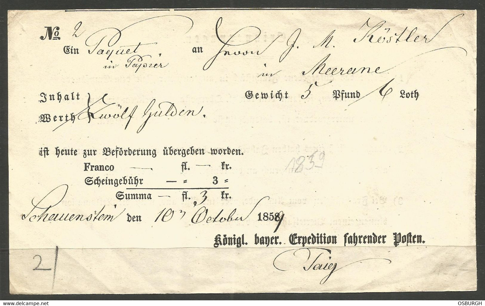 GERMANY / SWITZERLAND. 1859. RAILWAY PARCEL POST. MEERANE - SAXONY TO SCHAUENSTEIN VIA BAVARIAN RAILWAY. - 1800 – 1899