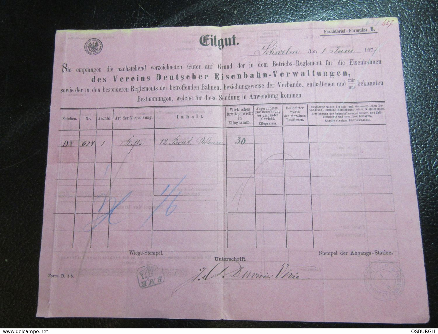 GERMANY. 1877. EXPRESS RAILWAY FREIGHT DOCUMENT. KOENIGL EISENBAHN DIRECTION ELBERFELD. SCHWELM TO OST UFFELN VIA BERG M - 1800 – 1899