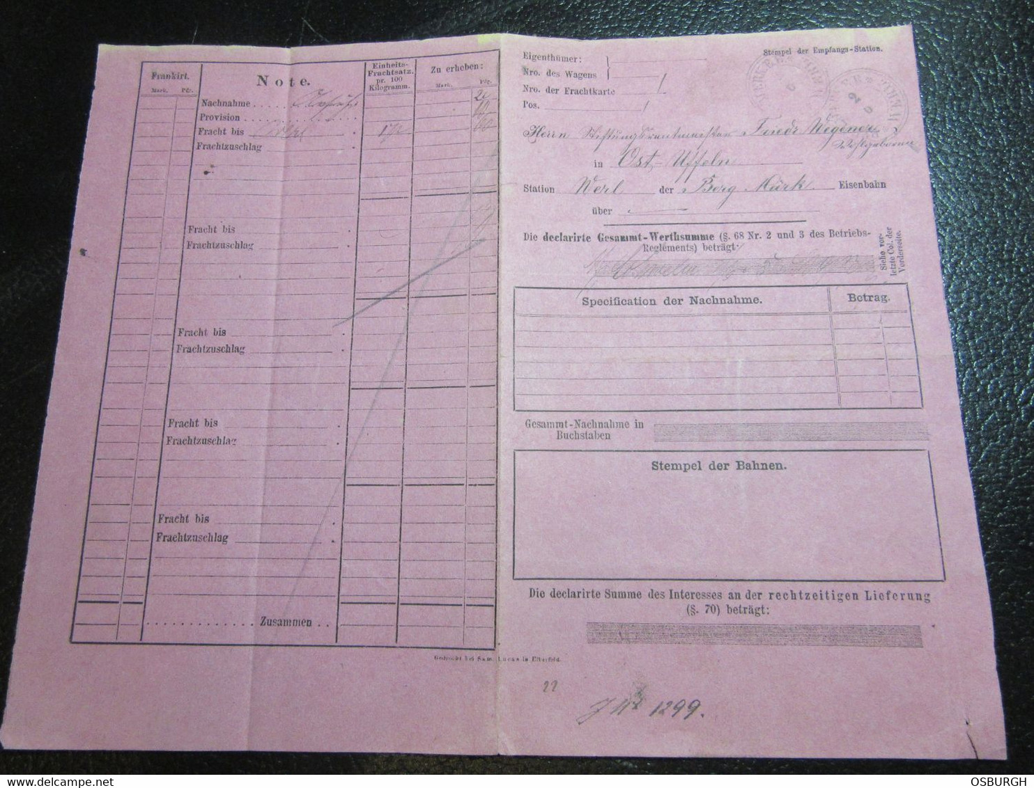 GERMANY. 1877. EXPRESS RAILWAY FREIGHT DOCUMENT. KOENIGL EISENBAHN DIRECTION ELBERFELD. SCHWELM TO OST UFFELN VIA BERG M - 1800 – 1899