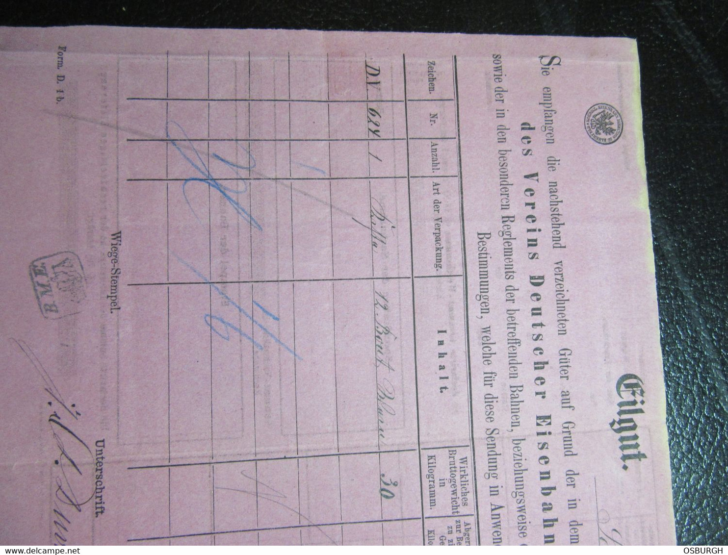 GERMANY. 1877. EXPRESS RAILWAY FREIGHT DOCUMENT. KOENIGL EISENBAHN DIRECTION ELBERFELD. SCHWELM TO OST UFFELN VIA BERG M - 1800 – 1899