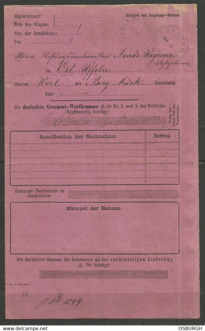 GERMANY. 1877. EXPRESS RAILWAY FREIGHT DOCUMENT. KOENIGL EISENBAHN DIRECTION ELBERFELD. SCHWELM TO OST UFFELN VIA BERG M - 1800 – 1899