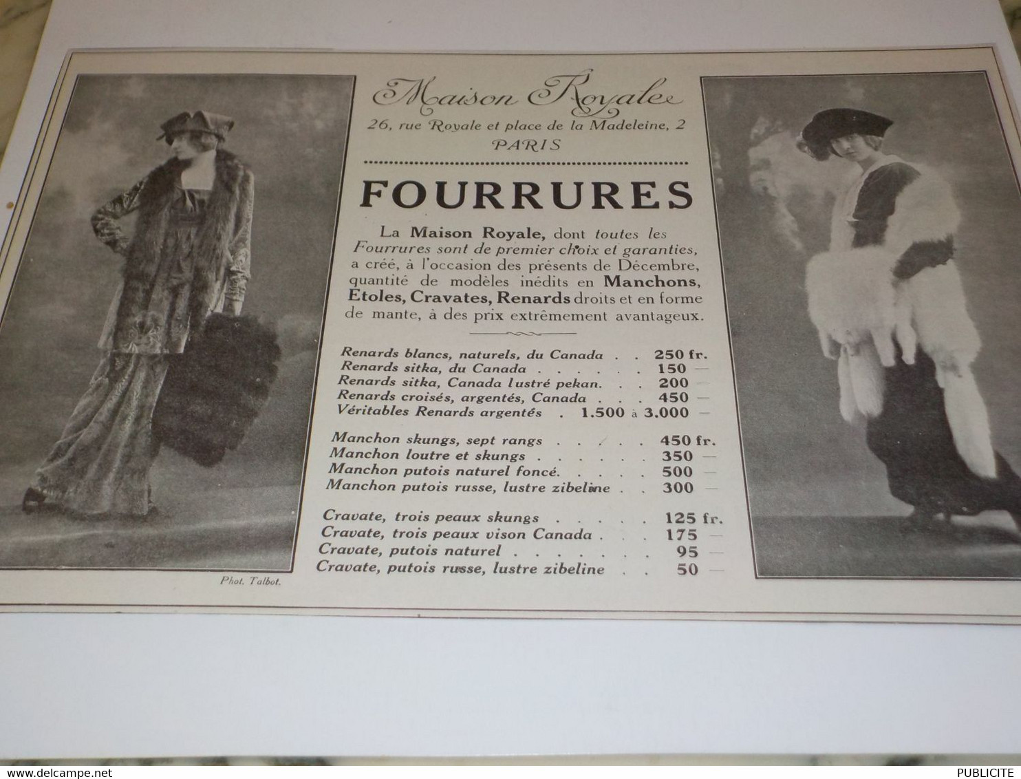 ANCIENNE PUBLICITE FOURRURES MAISON ROYALE 1913 - 1900-1940