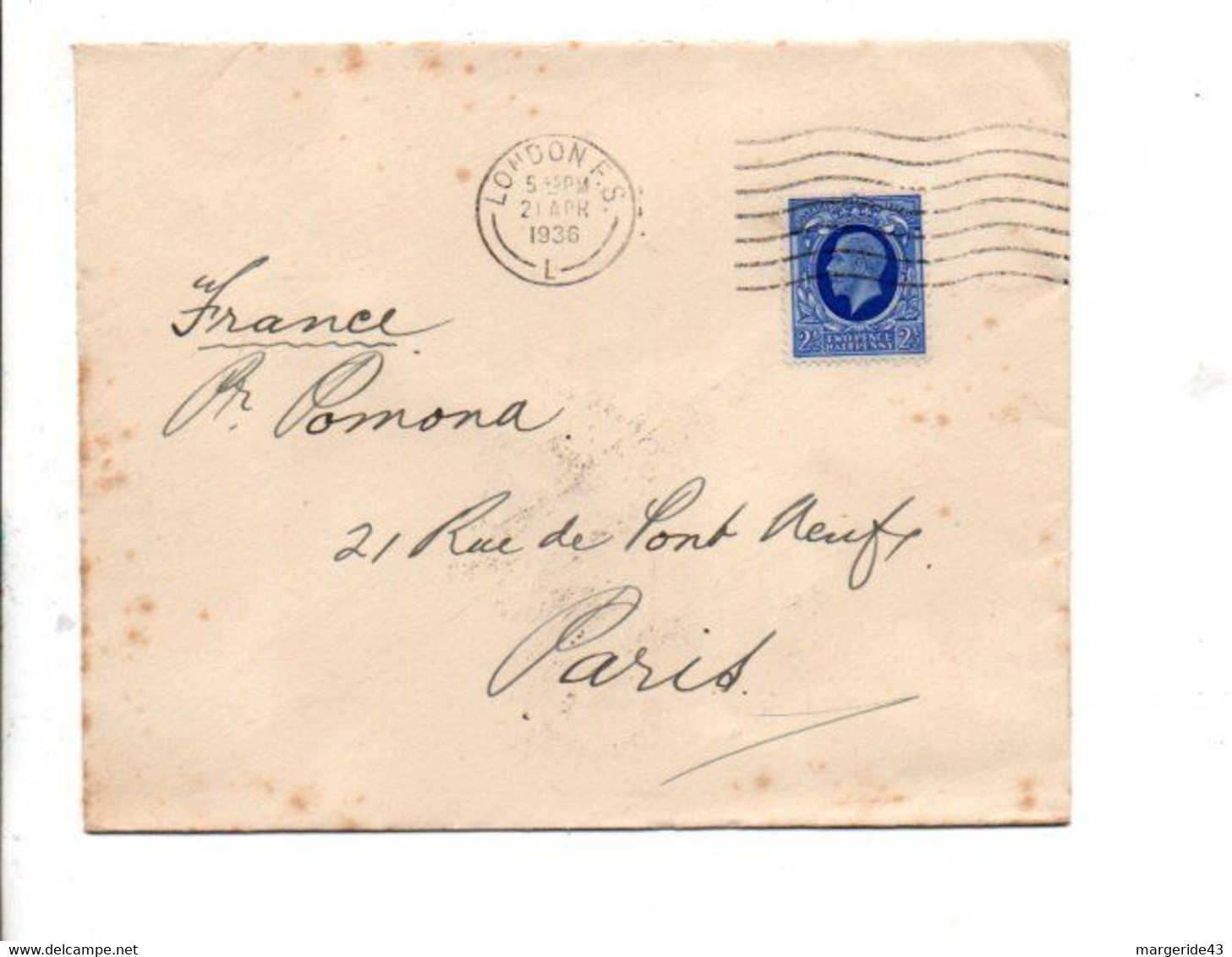 GB SEUL SUR LETTRE DE LONDRES POUR LA FRANCE 1936 - Lettres & Documents