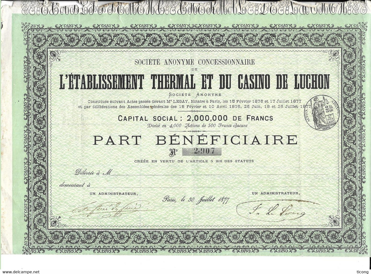 ETABLISSEMENT THERMAL ET DU CASINO DE LUCHON, ACTION PARIS 1877, FEUILLE COMPLETE 28 COUPONS, VOIR LES SCANNERS - Casino'