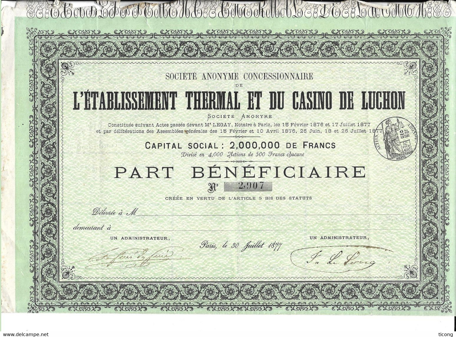 ETABLISSEMENT THERMAL ET DU CASINO DE LUCHON, ACTION PARIS 1877, FEUILLE COMPLETE 28 COUPONS, VOIR LES SCANNERS - Casinos
