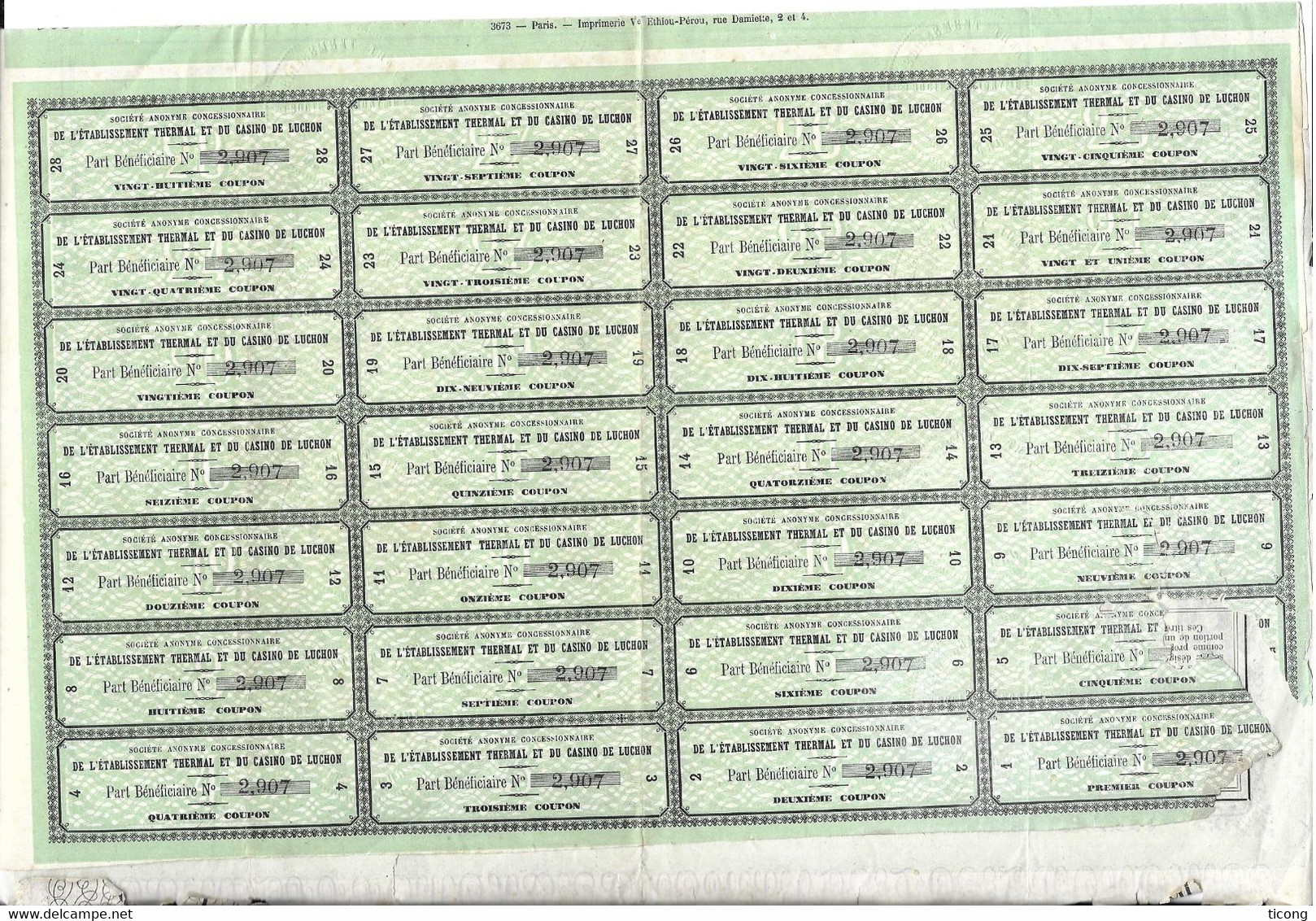 ETABLISSEMENT THERMAL ET DU CASINO DE LUCHON, ACTION PARIS 1877, FEUILLE COMPLETE 28 COUPONS, VOIR LES SCANNERS - Casinos