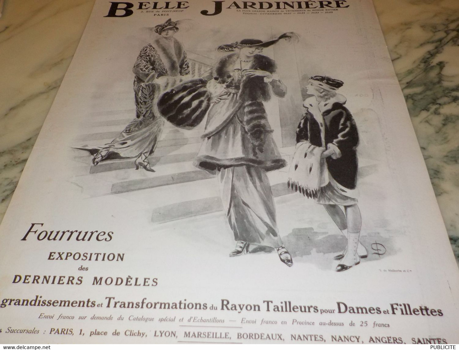 ANCIENNE PUBLICITE LES GRANDS MAGASIN FOURRURE  A LA BELLE JARDINIERE  1913 - 1900-1940