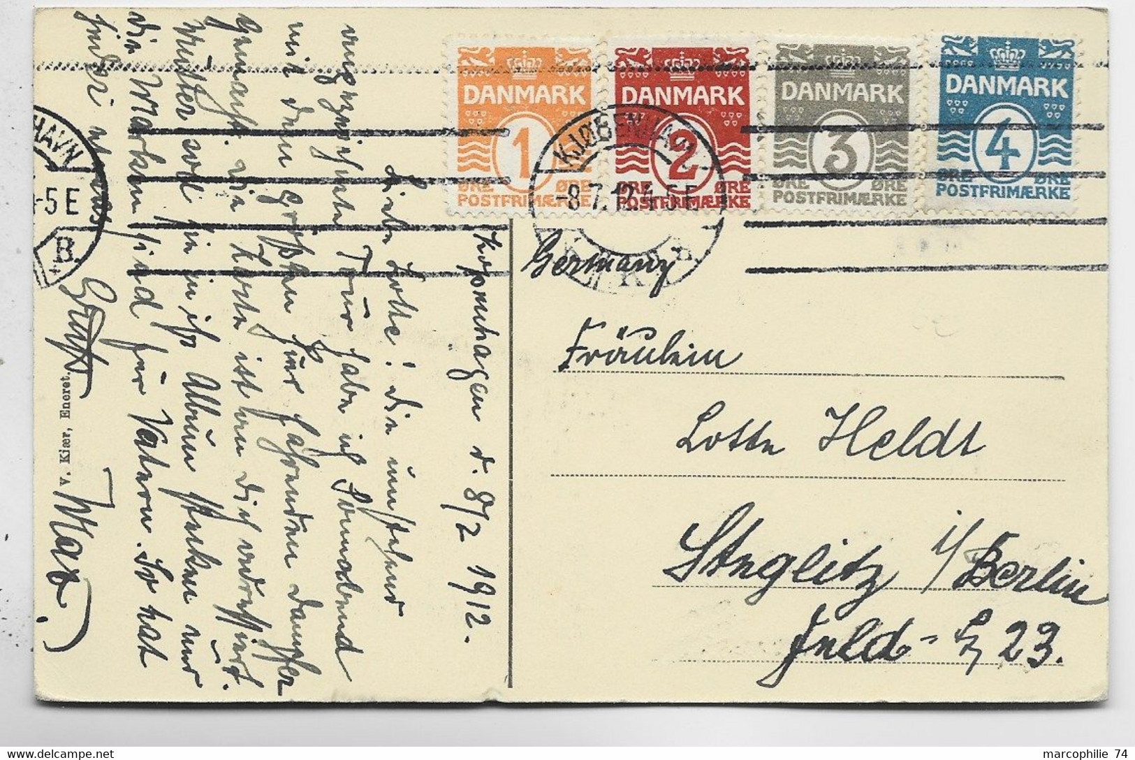 DANMARK 1ORE +2ORE+3ORE+4ORE CARTE COPENHAGUE 8.7.1912 TO BERLIN - Briefe U. Dokumente