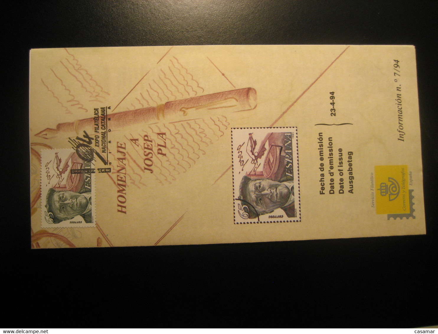 GIRONA 1994 Expo Fil Josep Pla Literature Philatelic Document Cancel Stamp SPAIN - Ecrivains