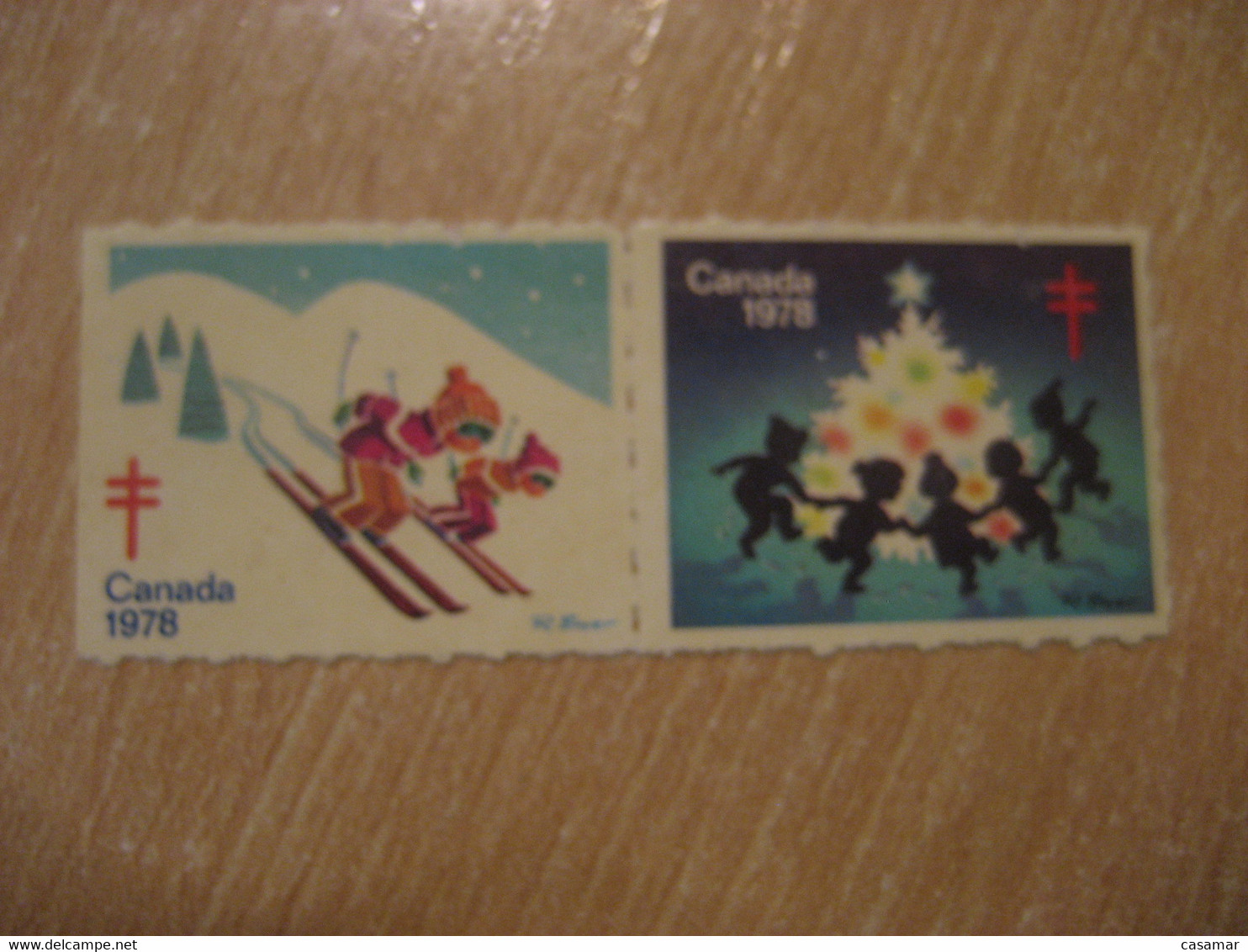 1978 TB Tuberculosis Tuberculose Ski Skiing Christmas Health Sante 2 Poster Stamp Vignette CANADA Label - Local, Strike, Seals & Cinderellas