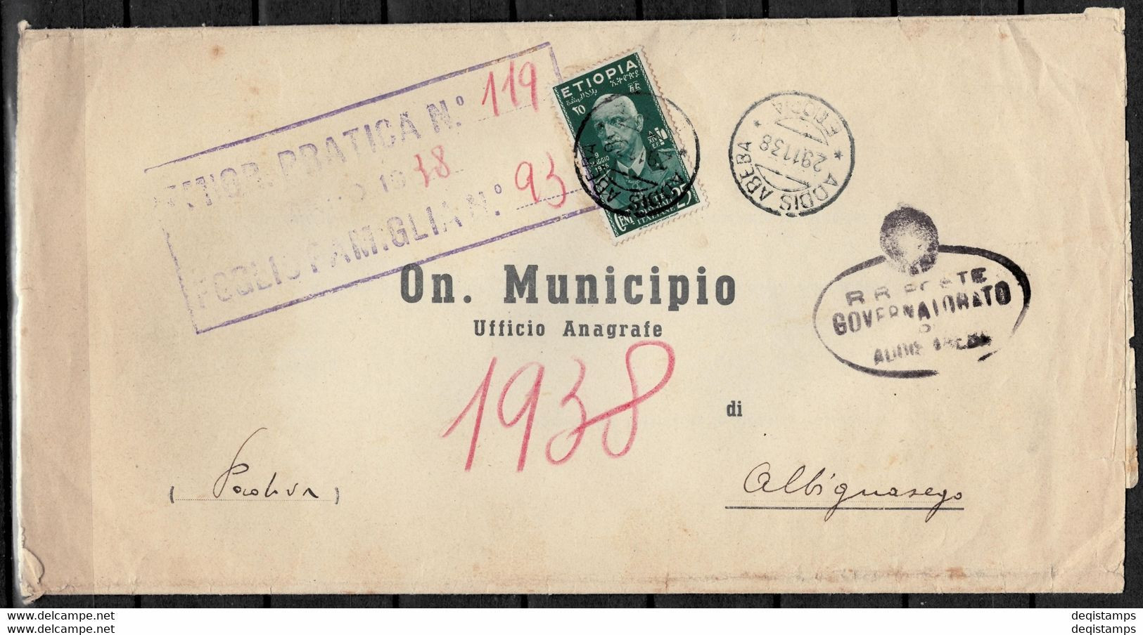 Italy / Ethiopia Cover 1938 ☀ Postal History / Public Notice / Ufficio Anagrafe - Aethiopien