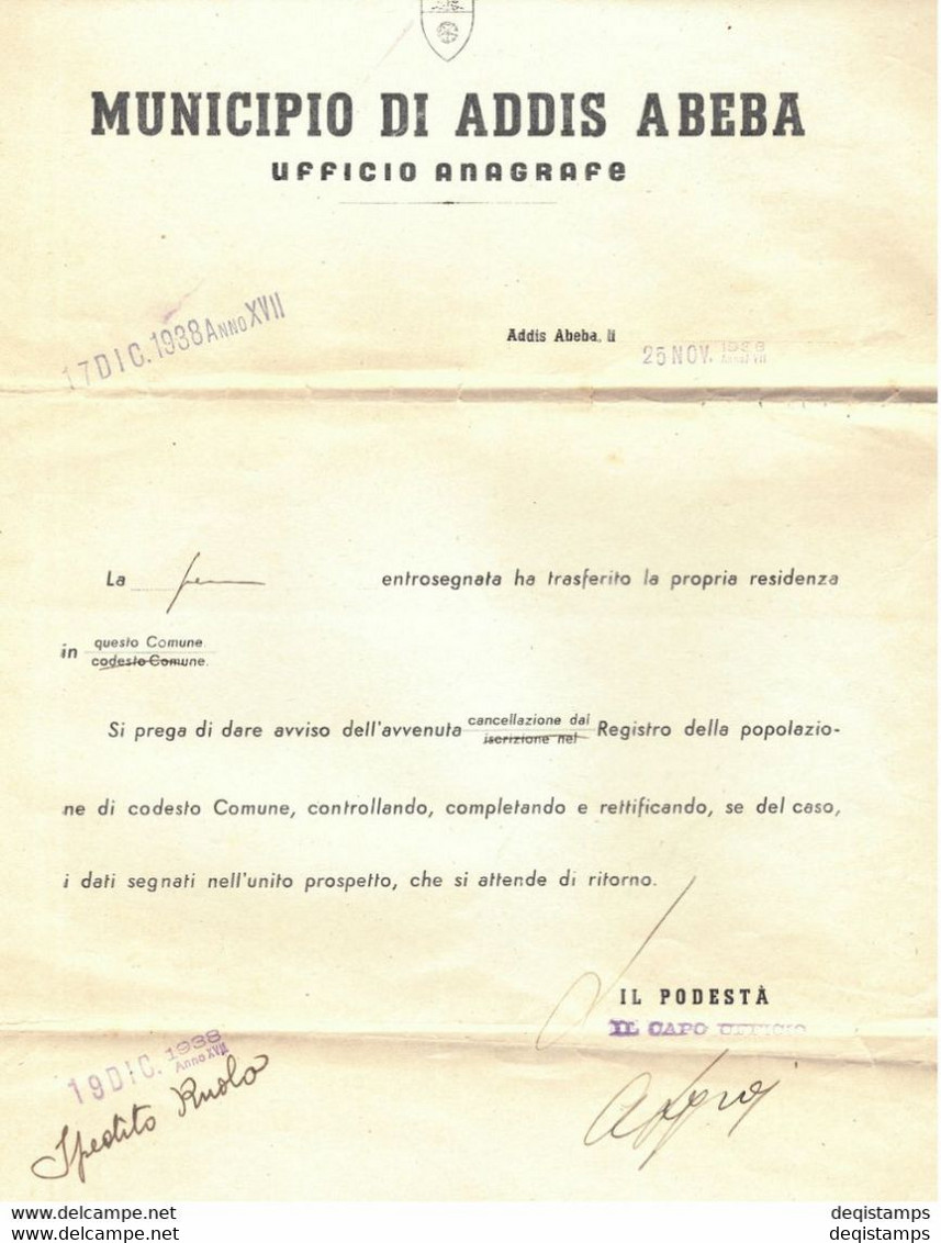 Italy / Ethiopia Cover 1938 ☀ Postal History / Public Notice / Ufficio Anagrafe - Etiopia