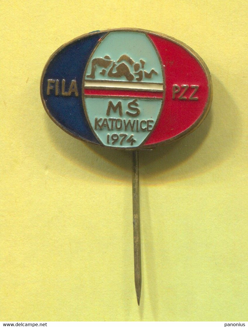 Wrestling Lutte, Wrestlers - FILA 1974. World Championships Katowice Poland, Vintage Pin Badge Abzeichen - Lucha