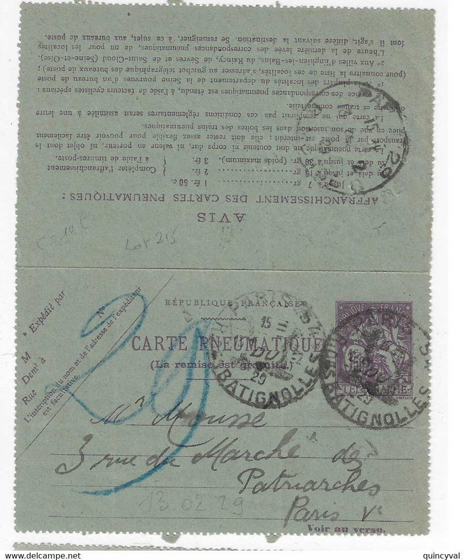 PARIS 54 R Des Batignolles Carte Lettre Pneumatique 1,50 F Chaplain Ob 1929 Yv 2603 Storch N2 - Rohrpost