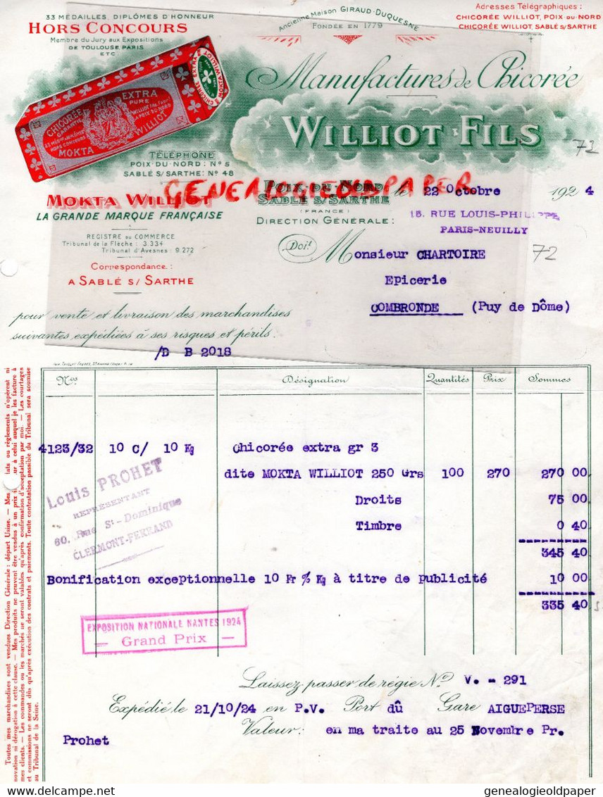 72- SABLE SUR SARTHE- POIX DU NORD-FACTURE WILLIOT FILS-MANUFACTURE DE CHICOREE MOKTA-GIRAUD DUQUESNE-1924 - Lebensmittel