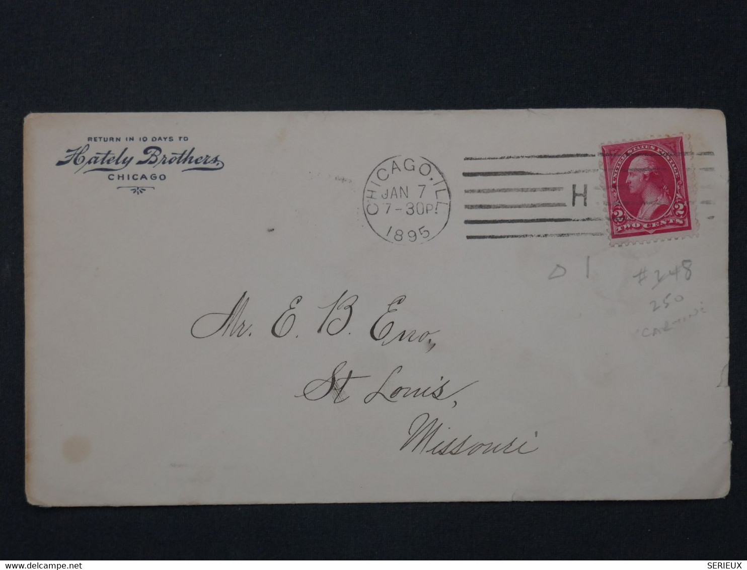 AA 19 ETATS UNIS  BELLE LETTRE HOTEL  1895 CHICAGO A ST LOUIS  +++AFFRANCH. INTERESSANT++ - Lettres & Documents