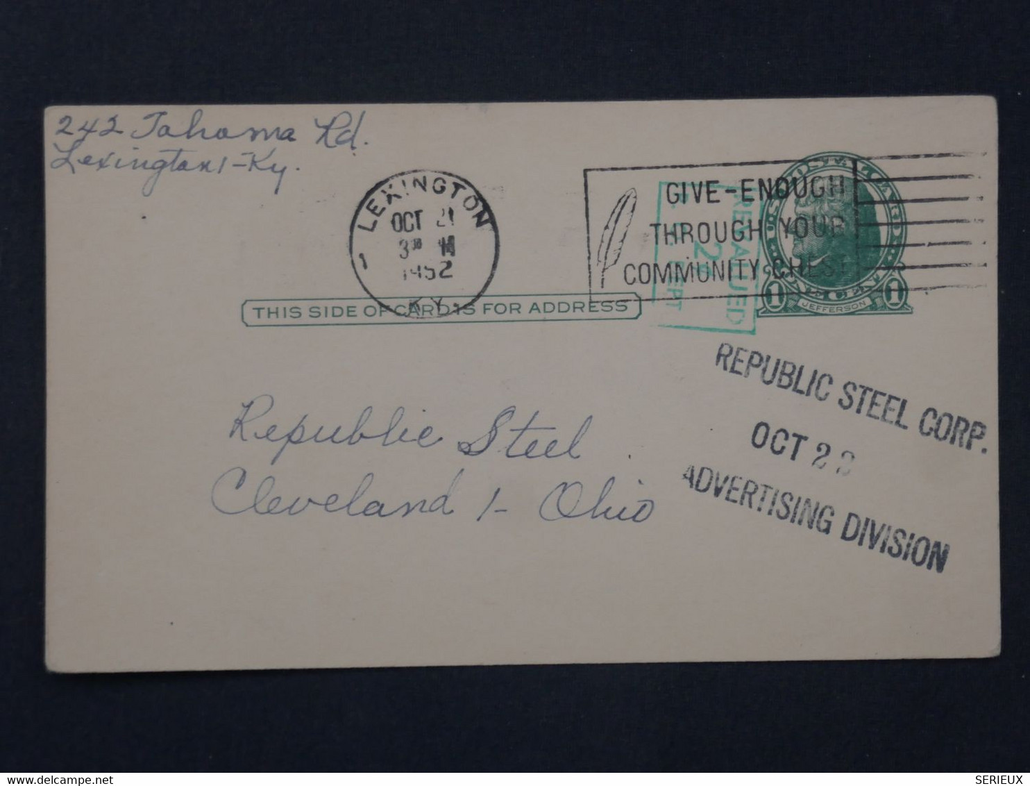 AA 19 ETATS UNIS  BELLE  CARTE ENTIER 1952 LEXINGTON A CLEVELAND  +++AFFRANCH. INTERESSANT++ - 1941-60