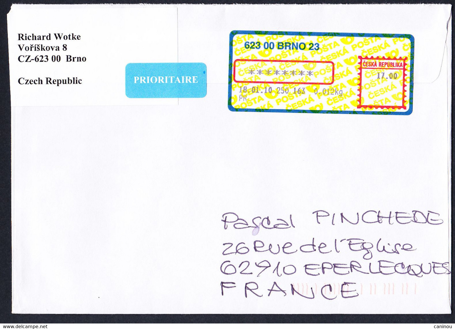 TCHEQUIE LETTRE AFFRANCHISSEMENT ETIQUETTE 2010 - Storia Postale