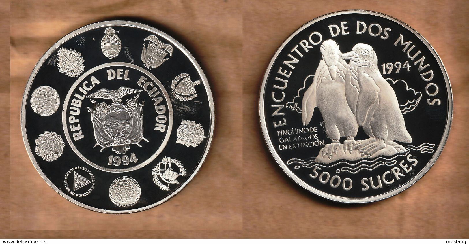 ECUADOR 5000 Sucres (Galapagos Penguins) 1994  Ibero-American Series II Silver (.925) • 27.07 G • ⌀ 40 Mm KM# 98 - Ecuador