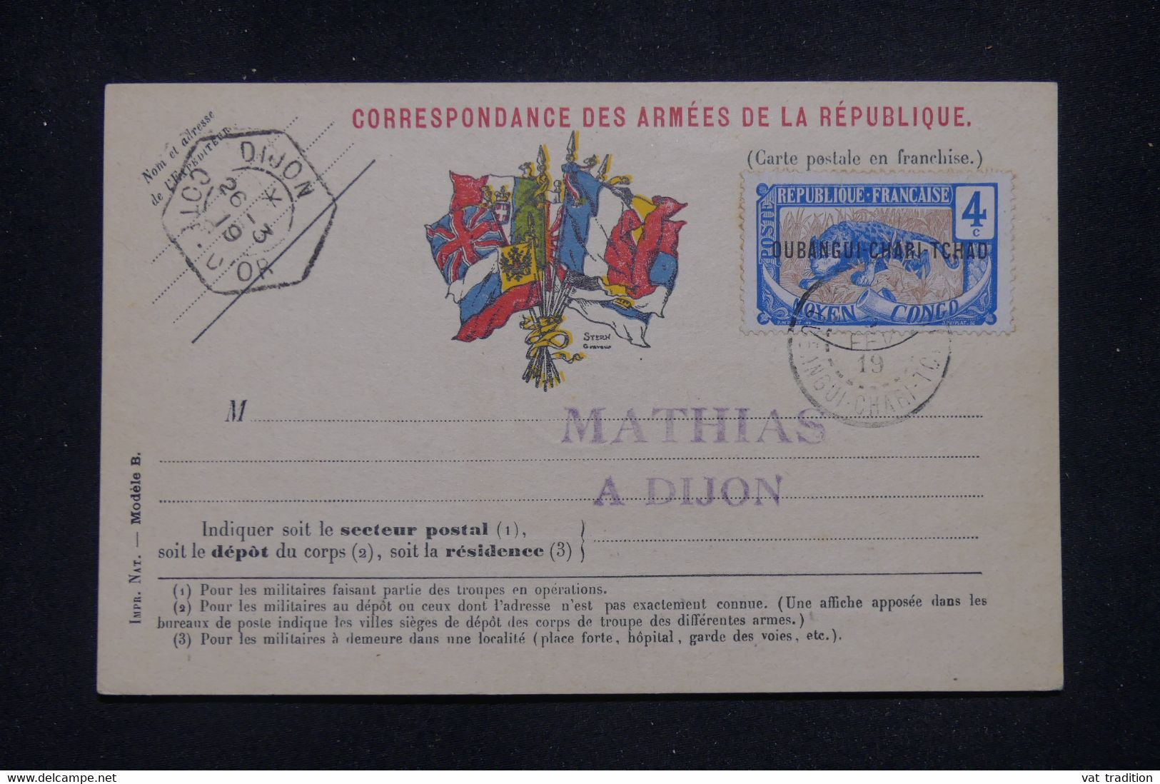 OUBANGUI CHARI - Affranchissement Panthères Recto Et Verso Sur Carte Fm Pour Dijon En 1919 - L 135254 - Brieven En Documenten