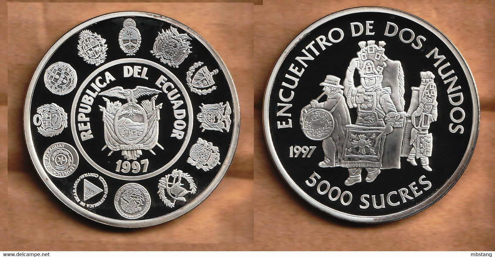 ECUADOR  5000 Sucres (Native Costumes) Ibero-American Series III  Silver (.925) • 27.07 G • ⌀ 40 Mm KM# 100 - Ecuador