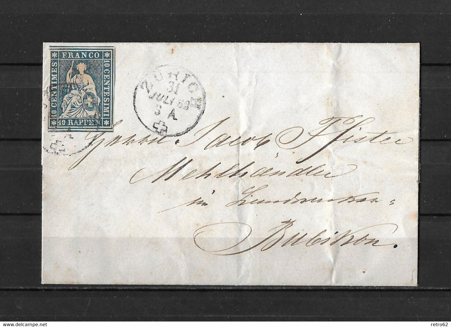 1854-1862 HELVETIA / STRUBEL (Ungezähnt) → Briefhülle / NOTA Von ZÜRICH Nach BUBIKON     ►SBK-23B4.Vb◄ - Storia Postale