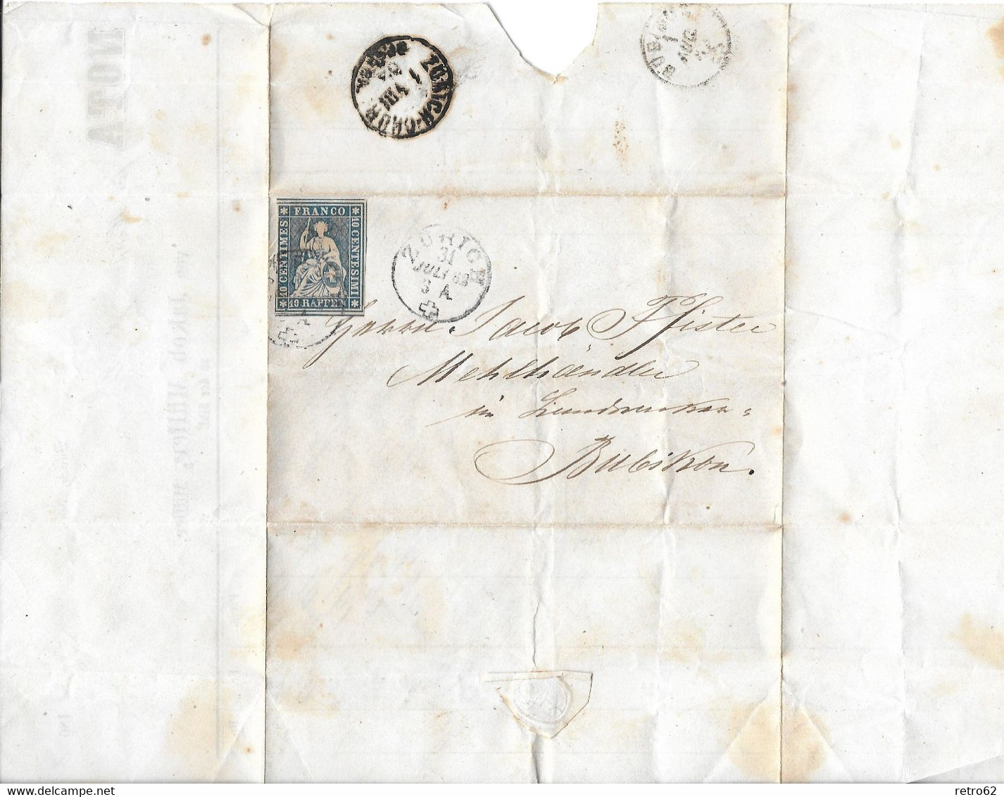 1854-1862 HELVETIA / STRUBEL (Ungezähnt) → Briefhülle / NOTA Von ZÜRICH Nach BUBIKON     ►SBK-23B4.Vb◄ - Briefe U. Dokumente