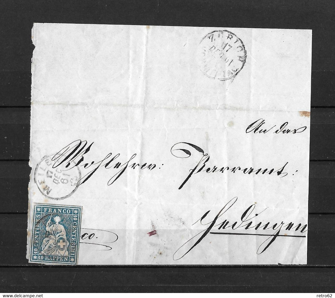 1854-1862 HELVETIA / STRUBEL (Ungezähnt) → Briefhülle Von MEILEN (Fingerhutstempel)   ►SBK-23B4.Vb◄ - Briefe U. Dokumente