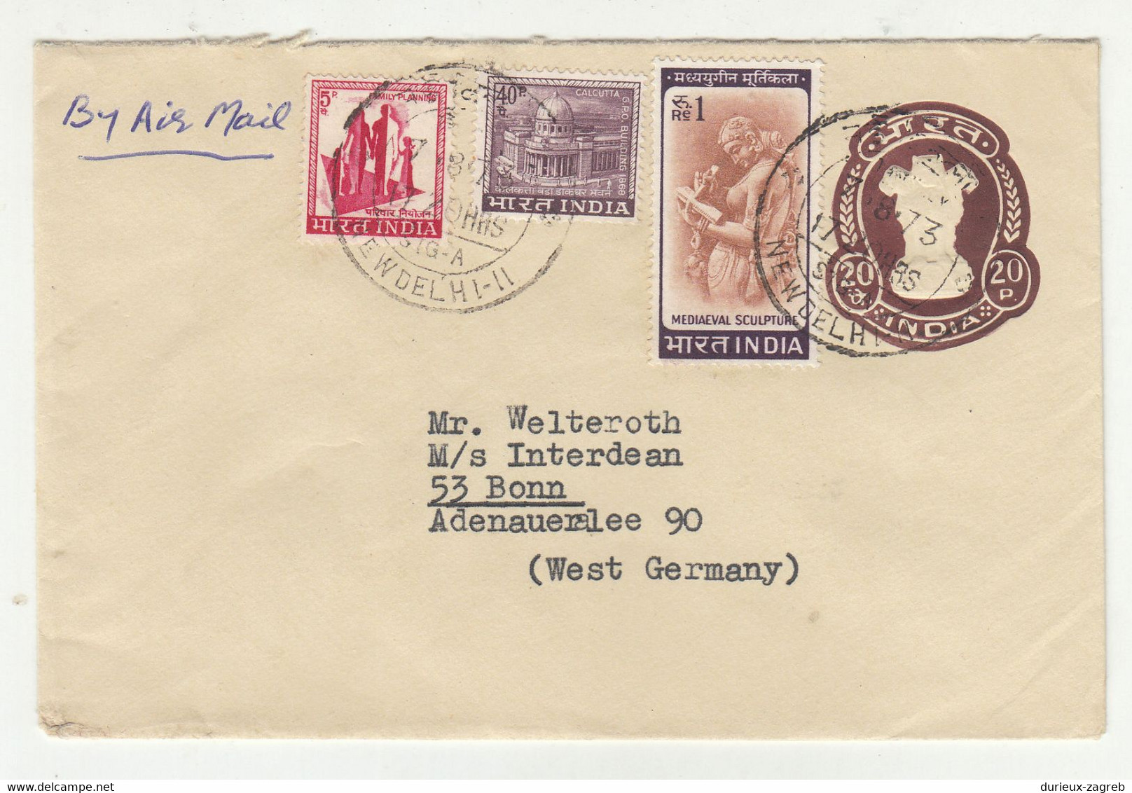 India Postal Stationery Letter Cover Posted 1973 To Germany - Uprated B221201 - Enveloppes