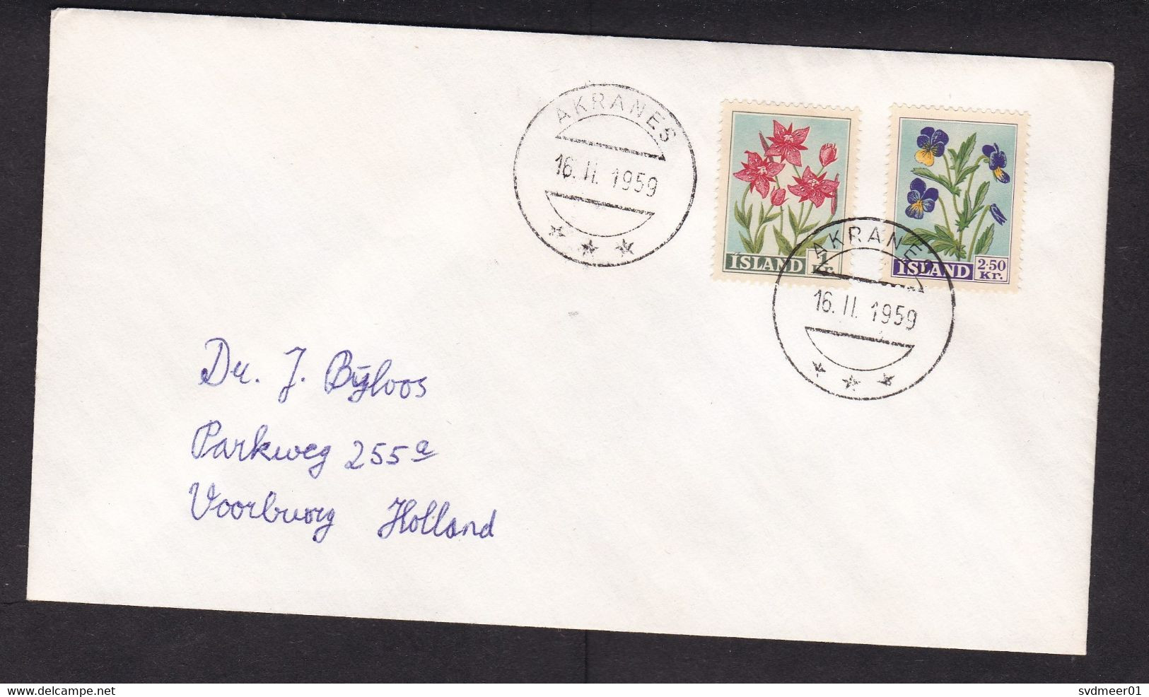 Iceland: Cover To Netherlands, 1959, 2 Stamps, Flower, Flowers, Uncommon Cancel Akranes (traces Of Use) - Storia Postale