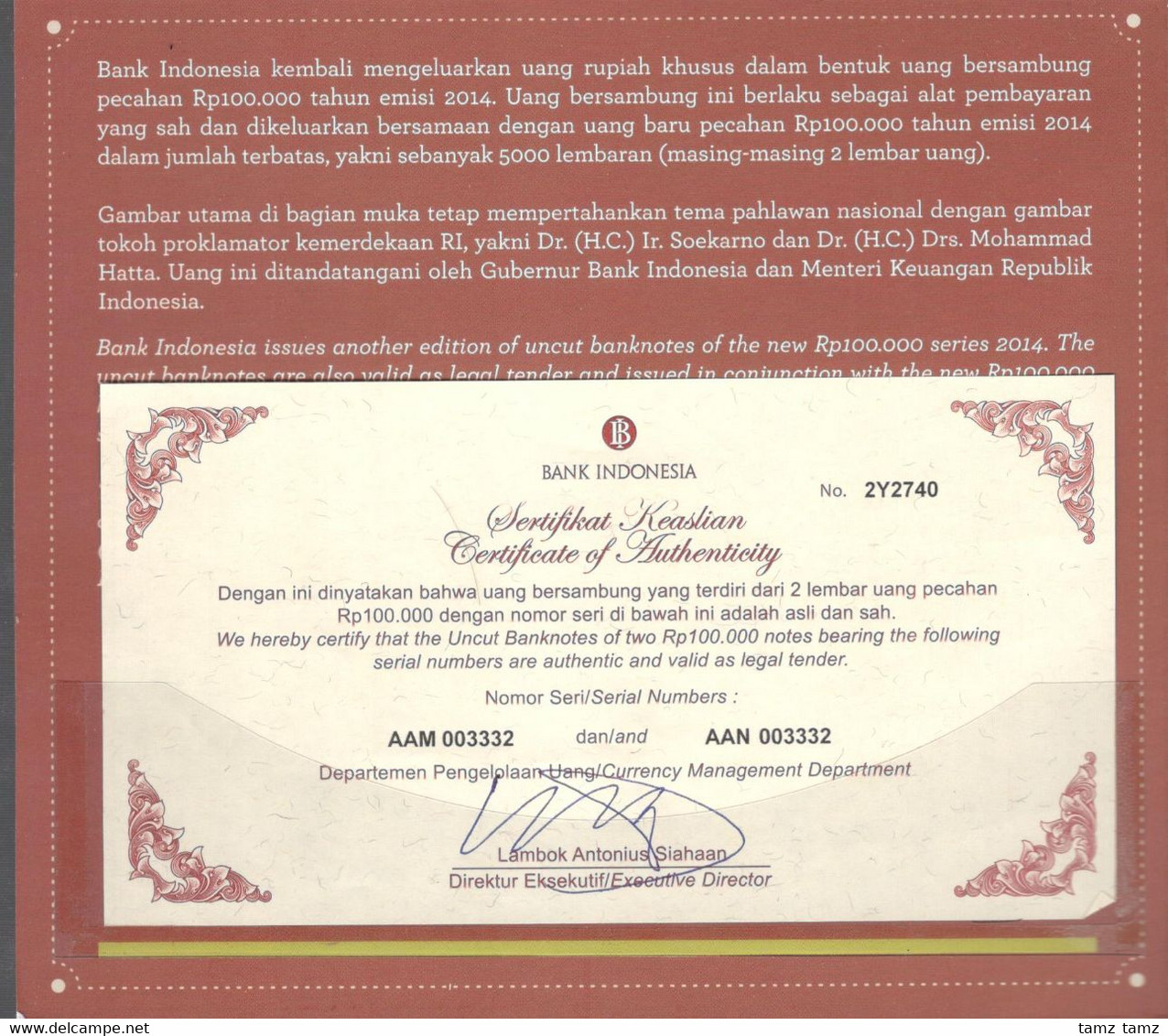 Indonesia 100000 100,000 Rupiah Uncut Sheet 2 X 1 Including Lux Folder AAM003332 - Indonésie