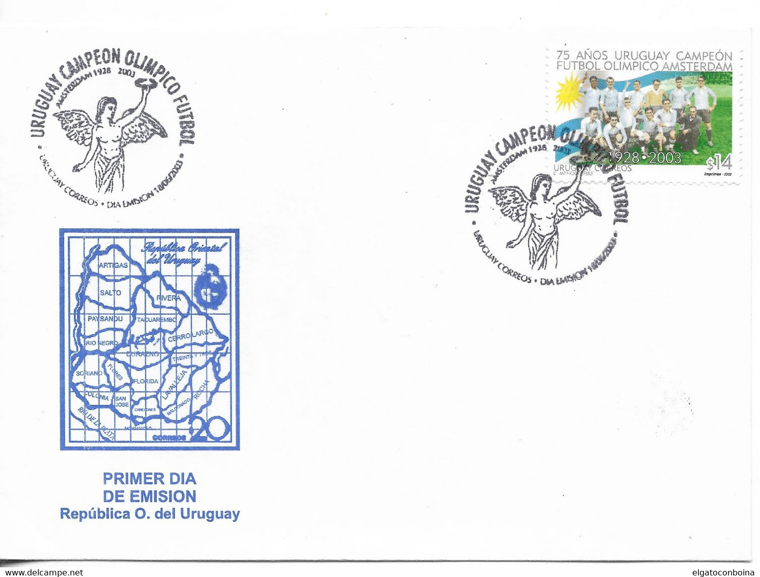 URUGUAY 2003 FOOTBALL CHAMPION IN AMSTERDAM OLYMPIC GAMES 75 ANNIVERSARY FDC - Uruguay