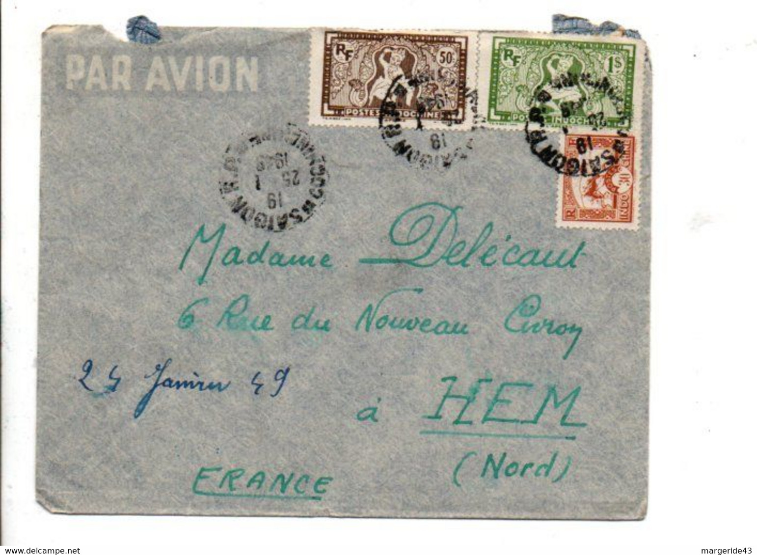 COCHINCHINE AFFRANCHISSEMENT COMPOSE SUR LETTRE DE SAÏGON POUR LA FRANCE 1949 - Lettres & Documents