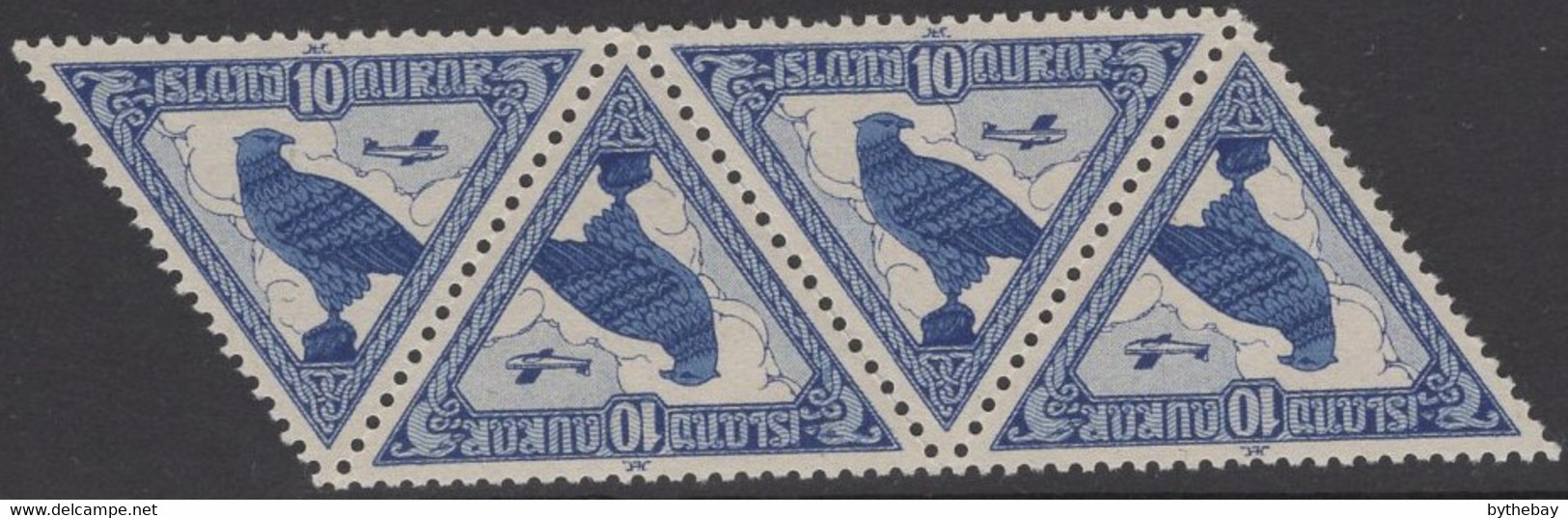 Iceland 1930 MNH Sc C3 10a Gyrfalcon Strip Of 4 Tete-beche Triangles - Poste Aérienne