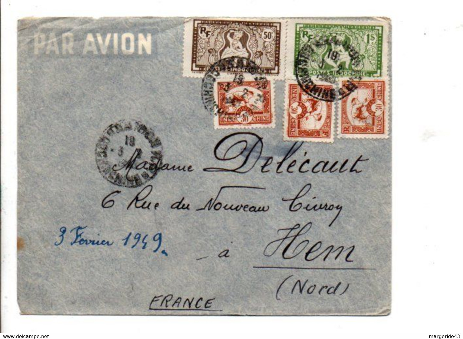 COCHINCHINE AFFRANCHISSEMENT COMPOSE SUR LETTRE DE SAÏGON POUR LA FRANCE 1949 - Lettres & Documents