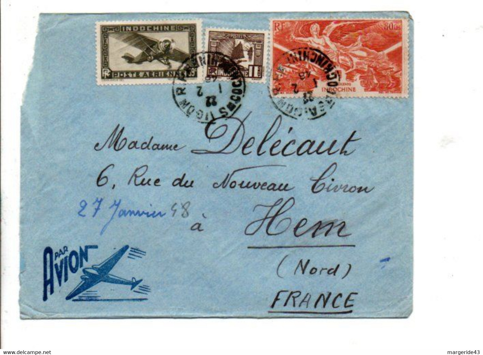 COCHINCHINE AFFRANCHISSEMENT COMPOSE SUR LETTRE DE SAÏGON POUR LA FRANCE 1948 - Lettres & Documents