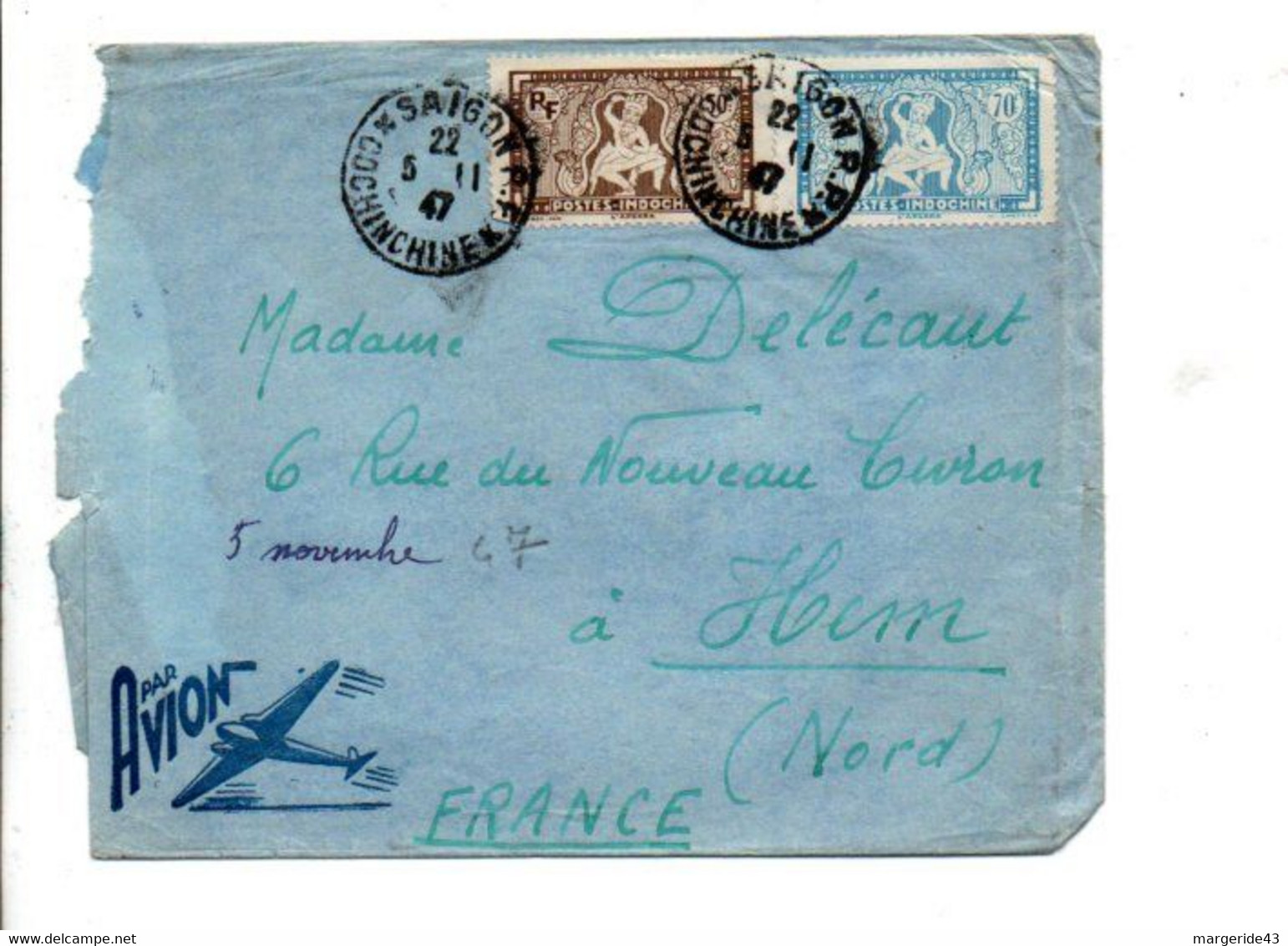 COCHINCHINE AFFRANCHISSEMENT COMPOSE SUR LETTRE DE SAÏGON POUR LA FRANCE 1947 - Storia Postale