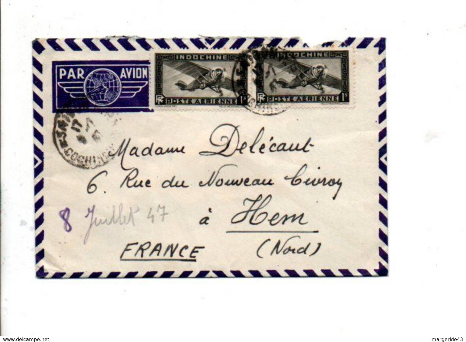 COCHINCHINE AFFRANCHISSEMENT COMPOSE SUR LETTRE DE SAÏGON POUR LA FRANCE 1947 - Cartas & Documentos