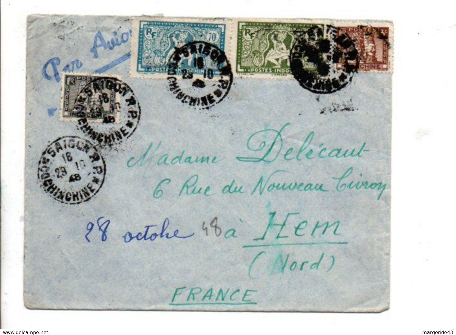 COCHINCHINE AFFRANCHISSEMENT COMPOSE SUR LETTRE DE SAÏGON POUR LA FRANCE 1948 - Brieven En Documenten