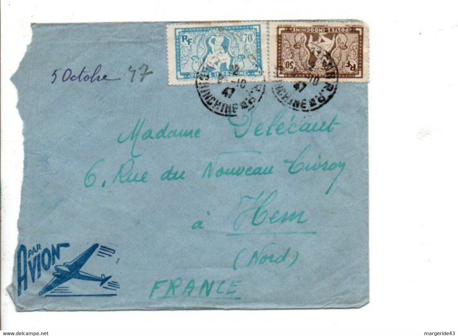 COCHINCHINE AFFRANCHISSEMENT COMPOSE SUR LETTRE DE SAÏGON POUR LA FRANCE 1947 - Cartas & Documentos