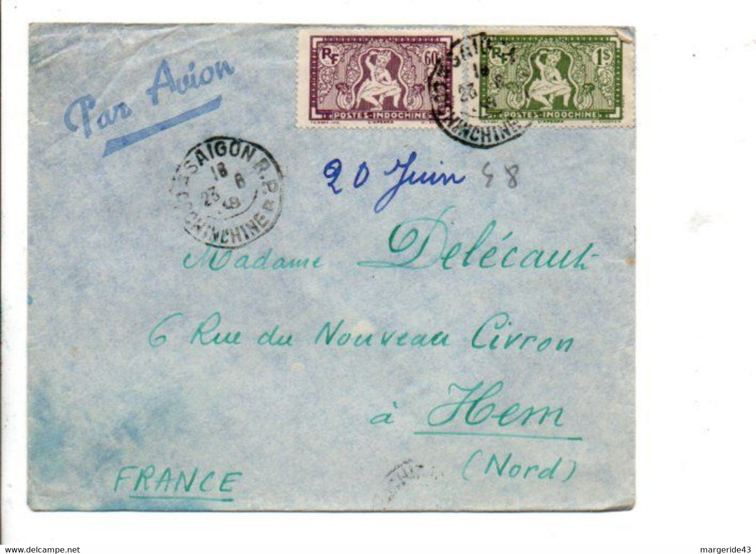 COCHINCHINE AFFRANCHISSEMENT COMPOSE SUR LETTRE DE SAÏGON POUR LA FRANCE 1948 - Cartas & Documentos